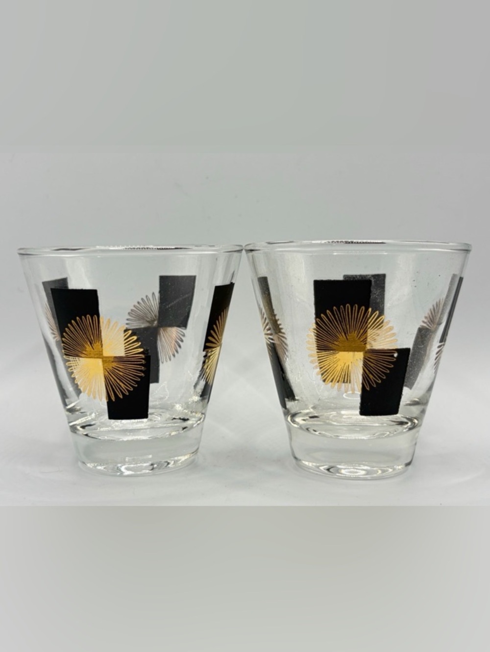 Vintage MCM Atomic Double Shot Glasses Black Block Gold Starburst Cups Barware